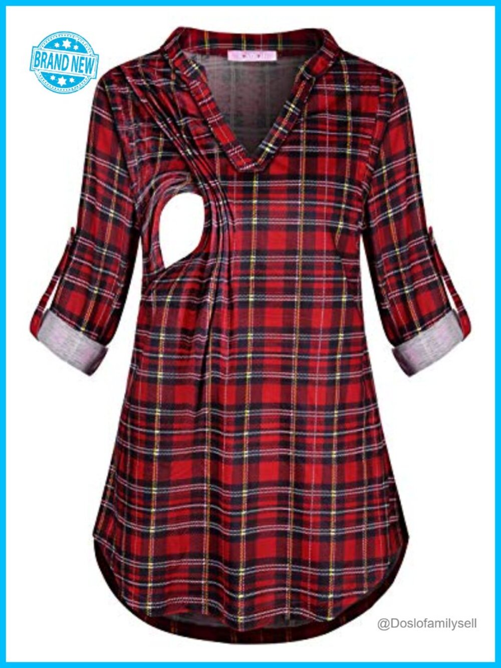Maternity Nursing Top Rolled Sleeve Pull-Up V-Neck Tunic Blouse